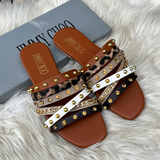 JIMMY CHOO Multi-Strap Studded Chain Flat Slide Sandals