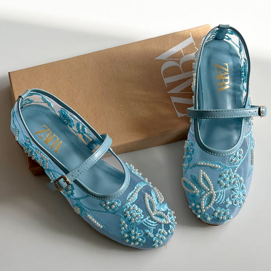 ZARA Mesh Pearl-Embroidered Mary Jane Ballet Flats