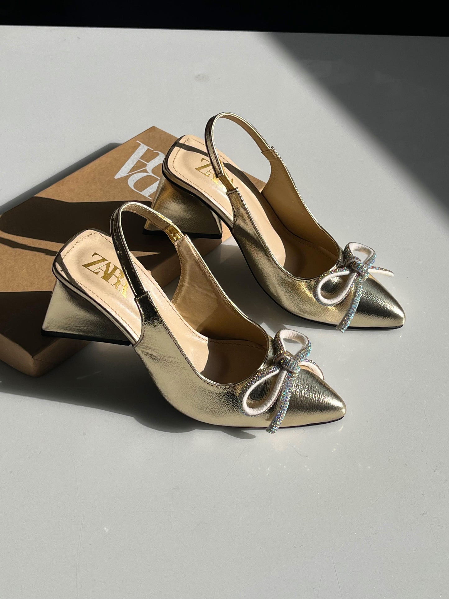 Zara Metallic Bow Heels