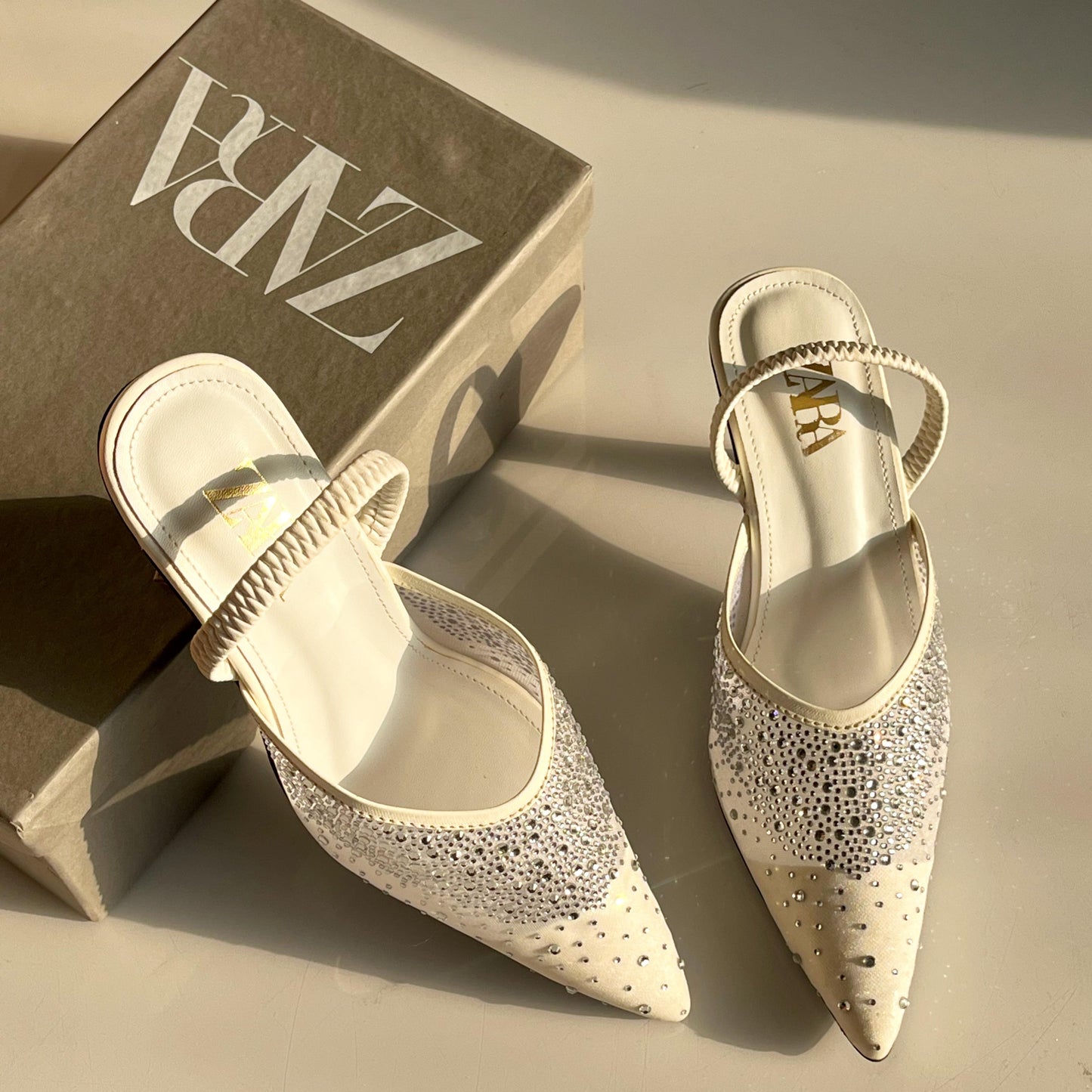 ZARA Rhinestone Embellished Slingback Kitten Heels