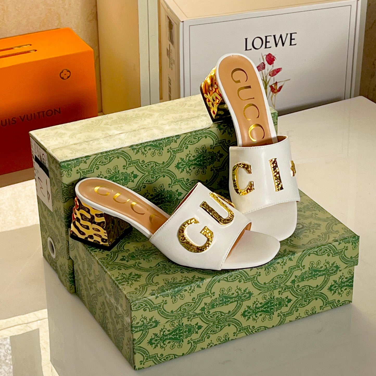 Gucci Inspired Metal-Letter Embellished Slide Sandals