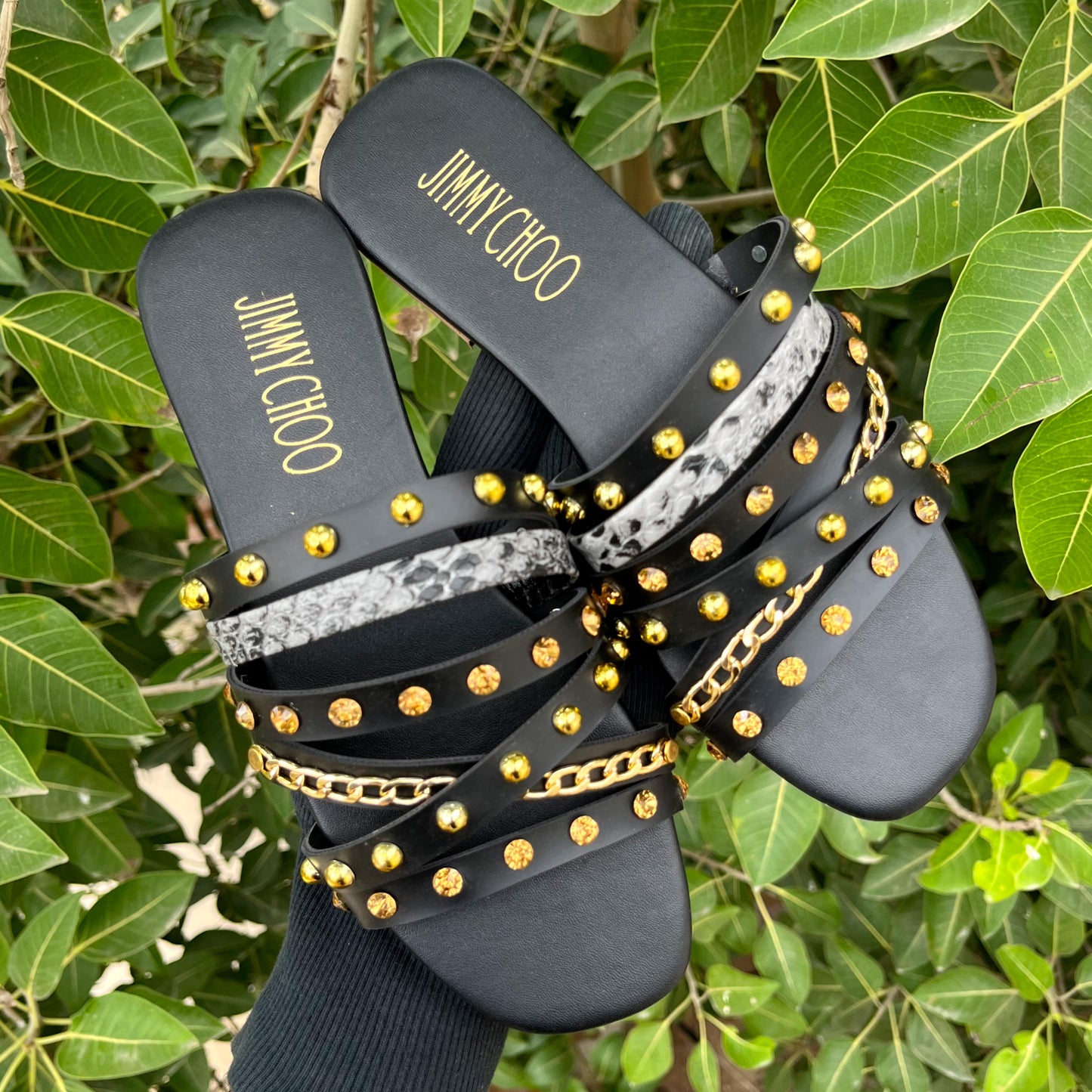JIMMY CHOO Multi-Strap Studded Chain Flat Slide Sandals