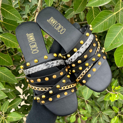 JIMMY CHOO Multi-Strap Studded Chain Flat Slide Sandals