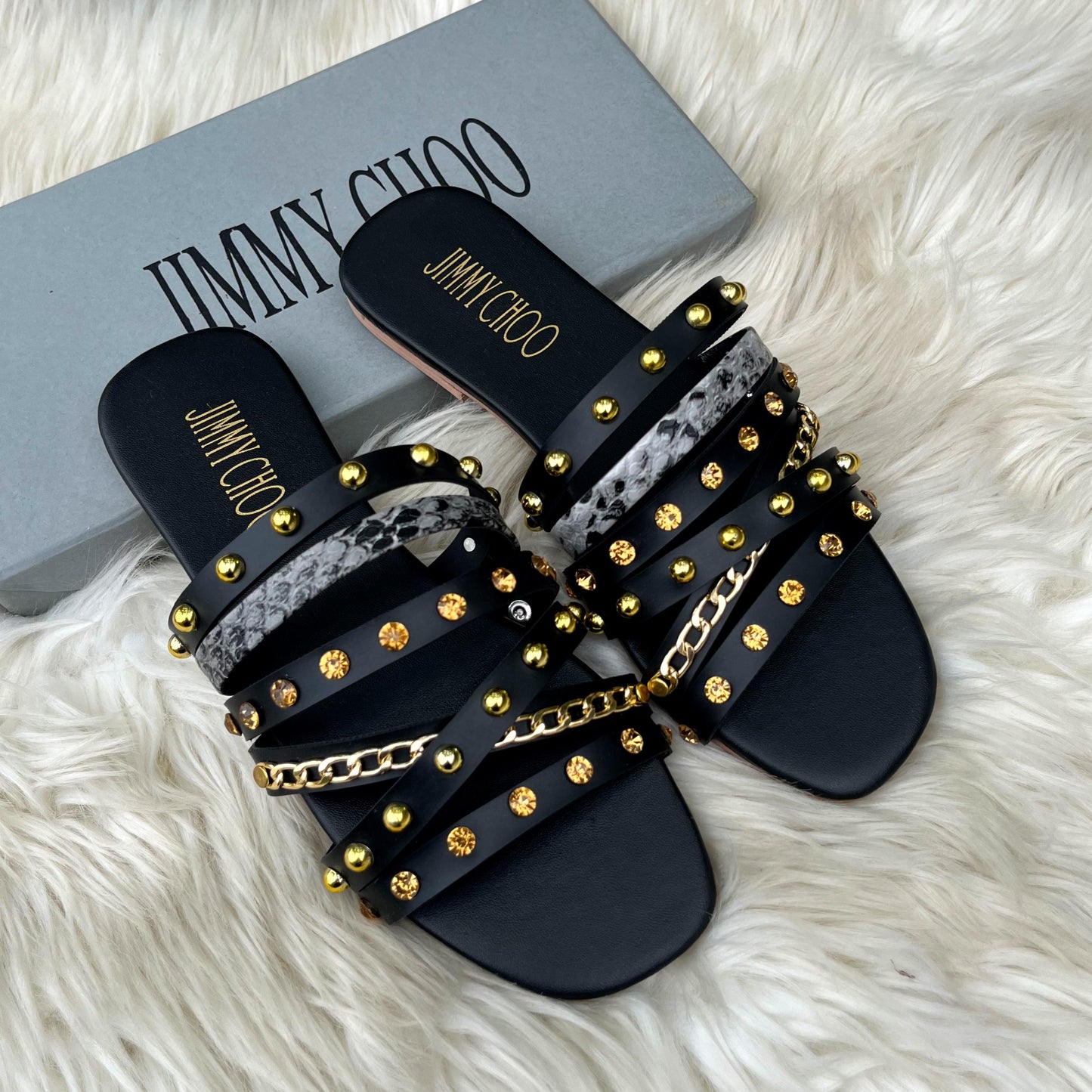 JIMMY CHOO Multi-Strap Studded Chain Flat Slide Sandals