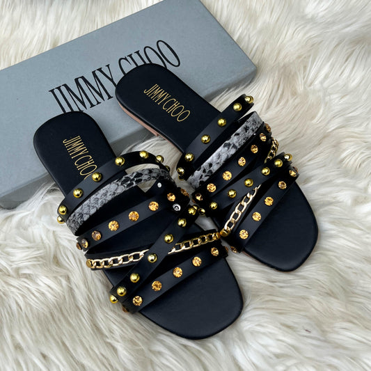 JIMMY CHOO Multi-Strap Studded Chain Flat Slide Sandals