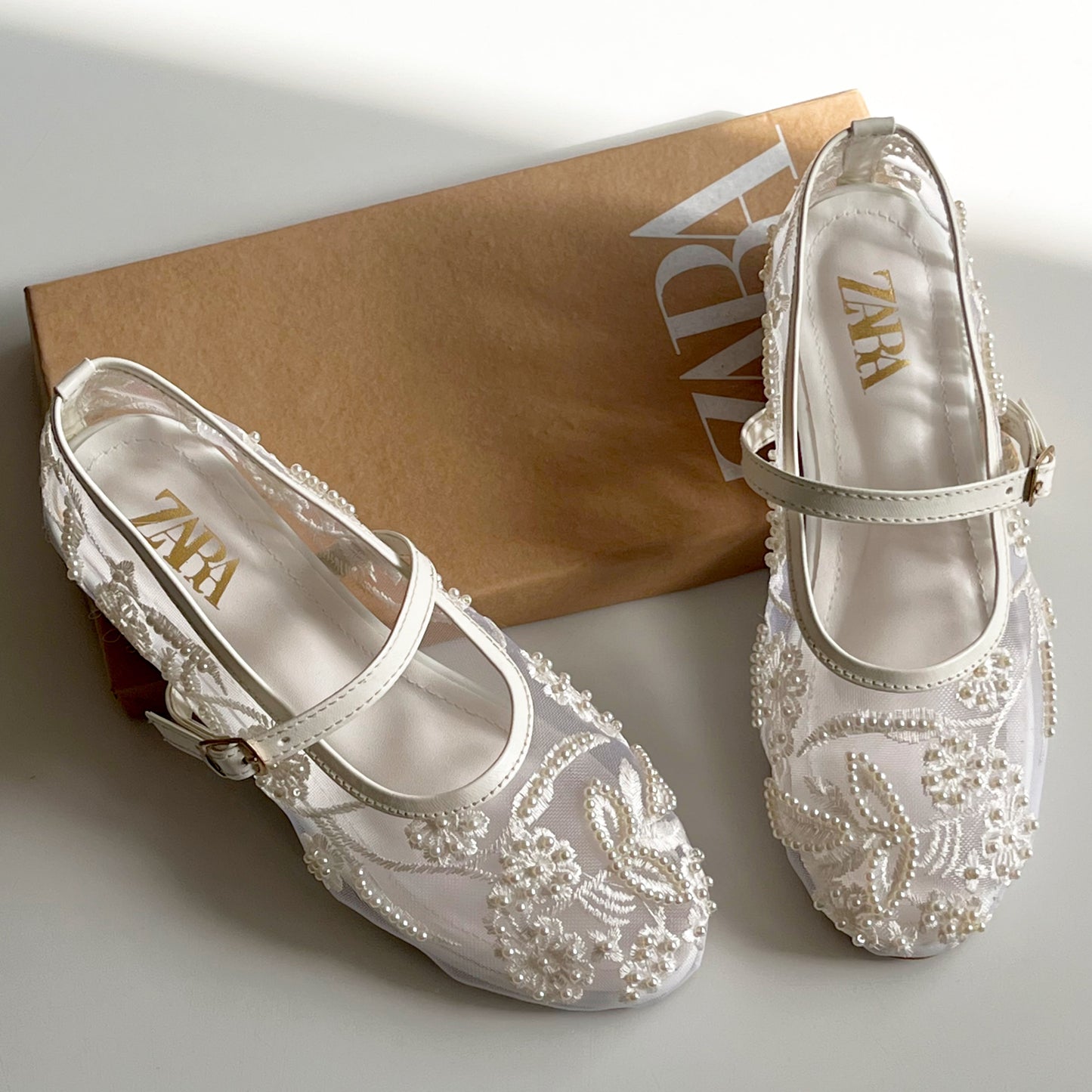 ZARA Mesh Pearl-Embroidered Mary Jane Ballet Flats
