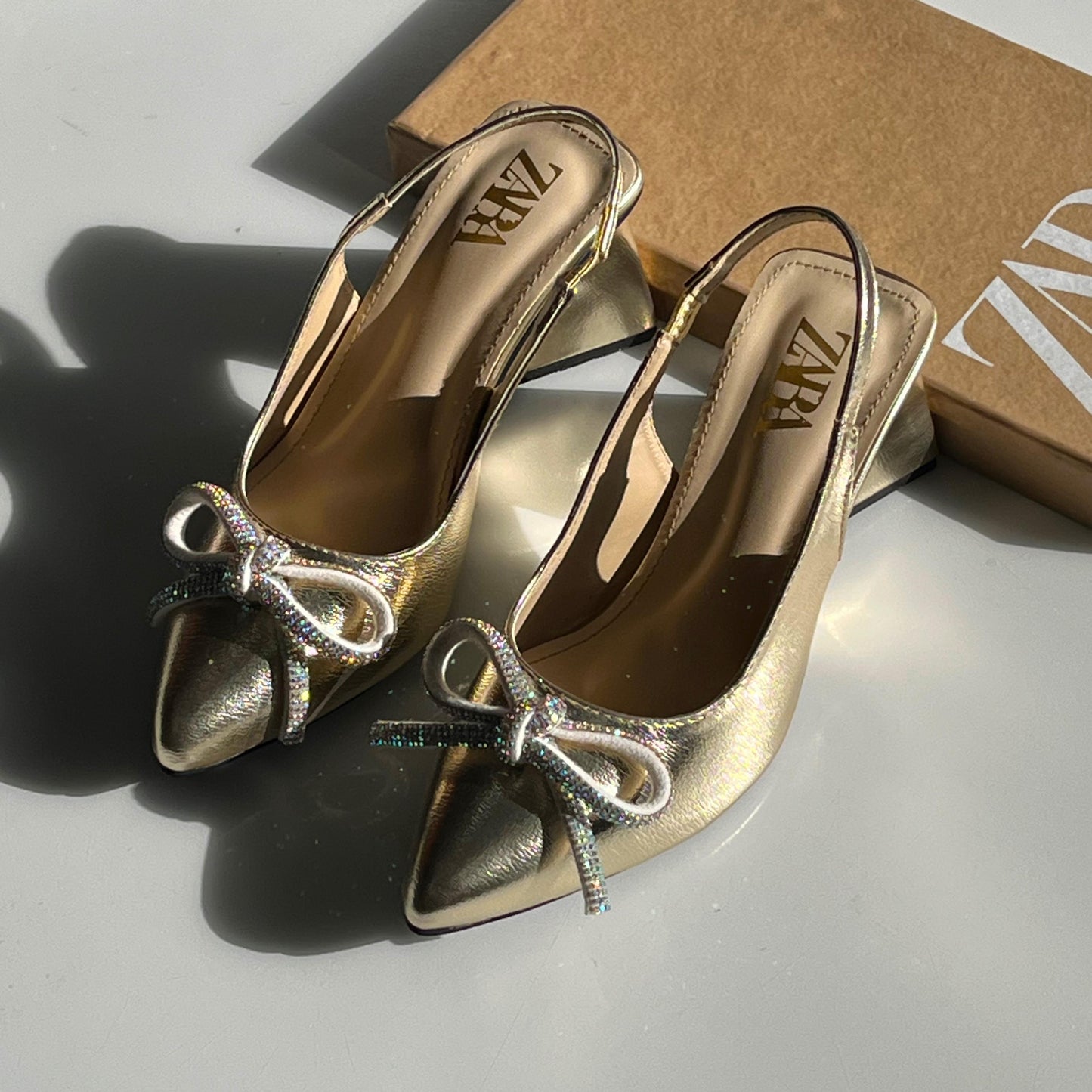 Zara Metallic Bow Heels