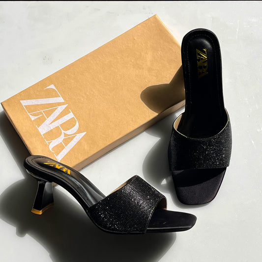 ZARA Metallic Rhinestone Block-Heel Mules