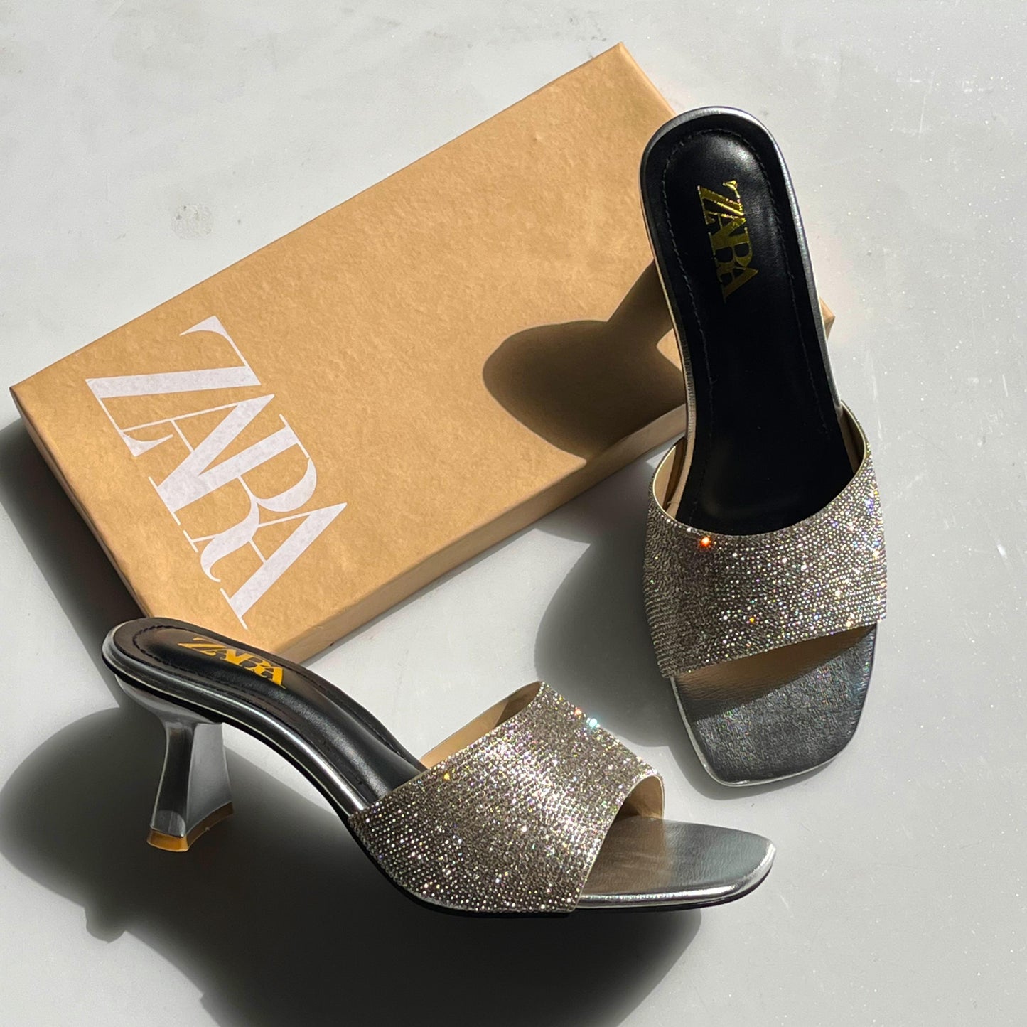 ZARA Metallic Rhinestone Block-Heel Mules