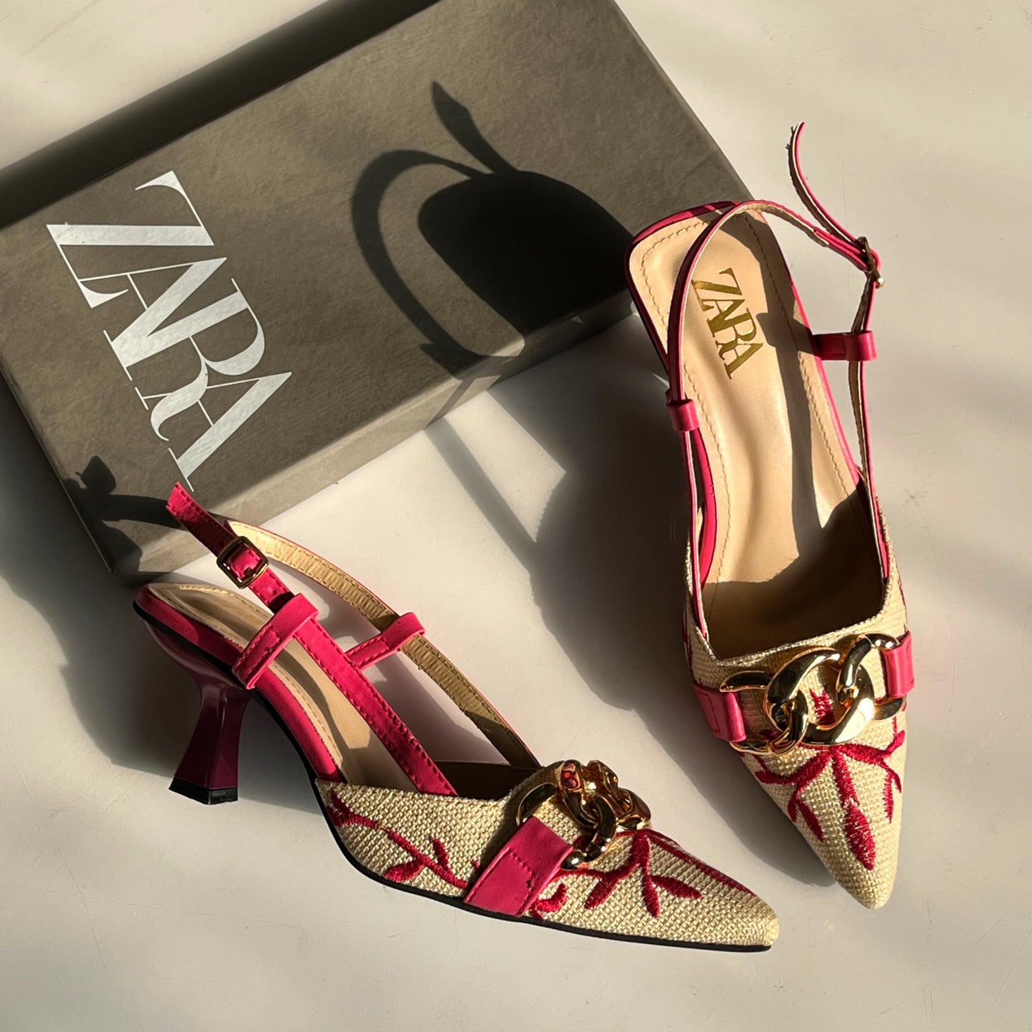 ZARA Floral Embroidered Chain Slingback Heels