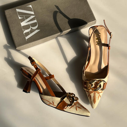 ZARA Floral Embroidered Chain Slingback Heels