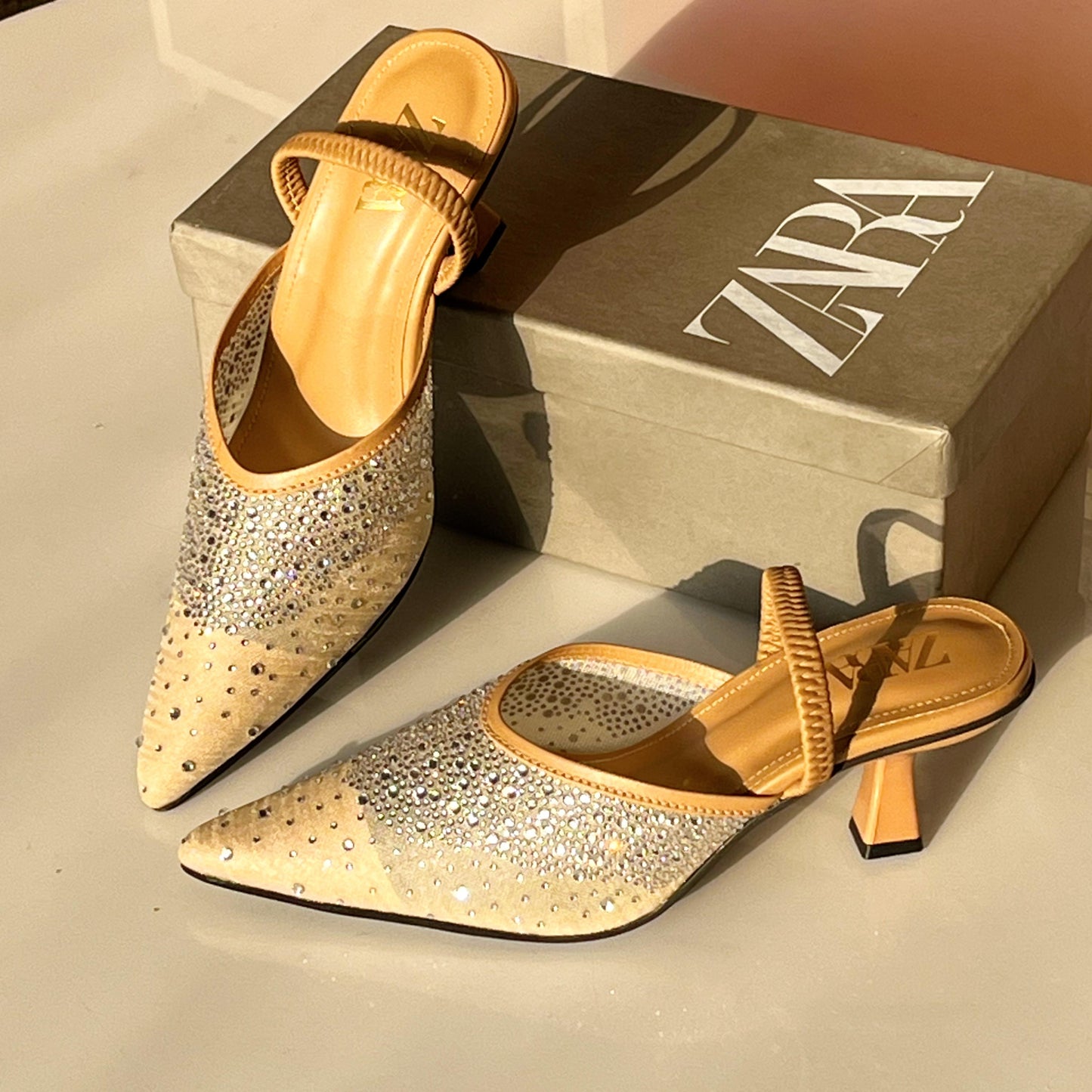 ZARA Rhinestone Embellished Slingback Kitten Heels