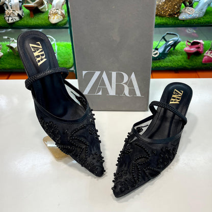 ZARA Embroidered Mesh Pointed Slingback Heels