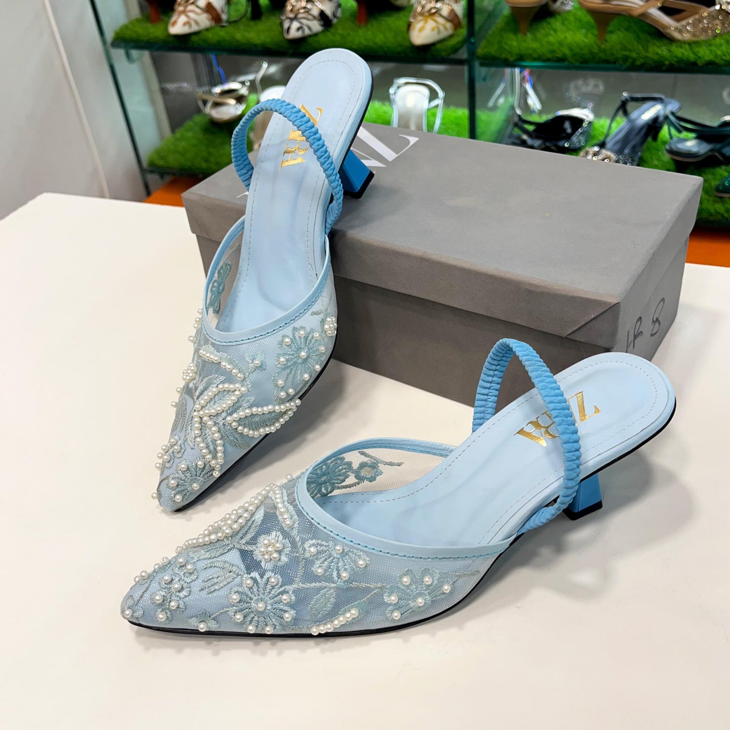 ZARA Embroidered Mesh Pointed Slingback Heels