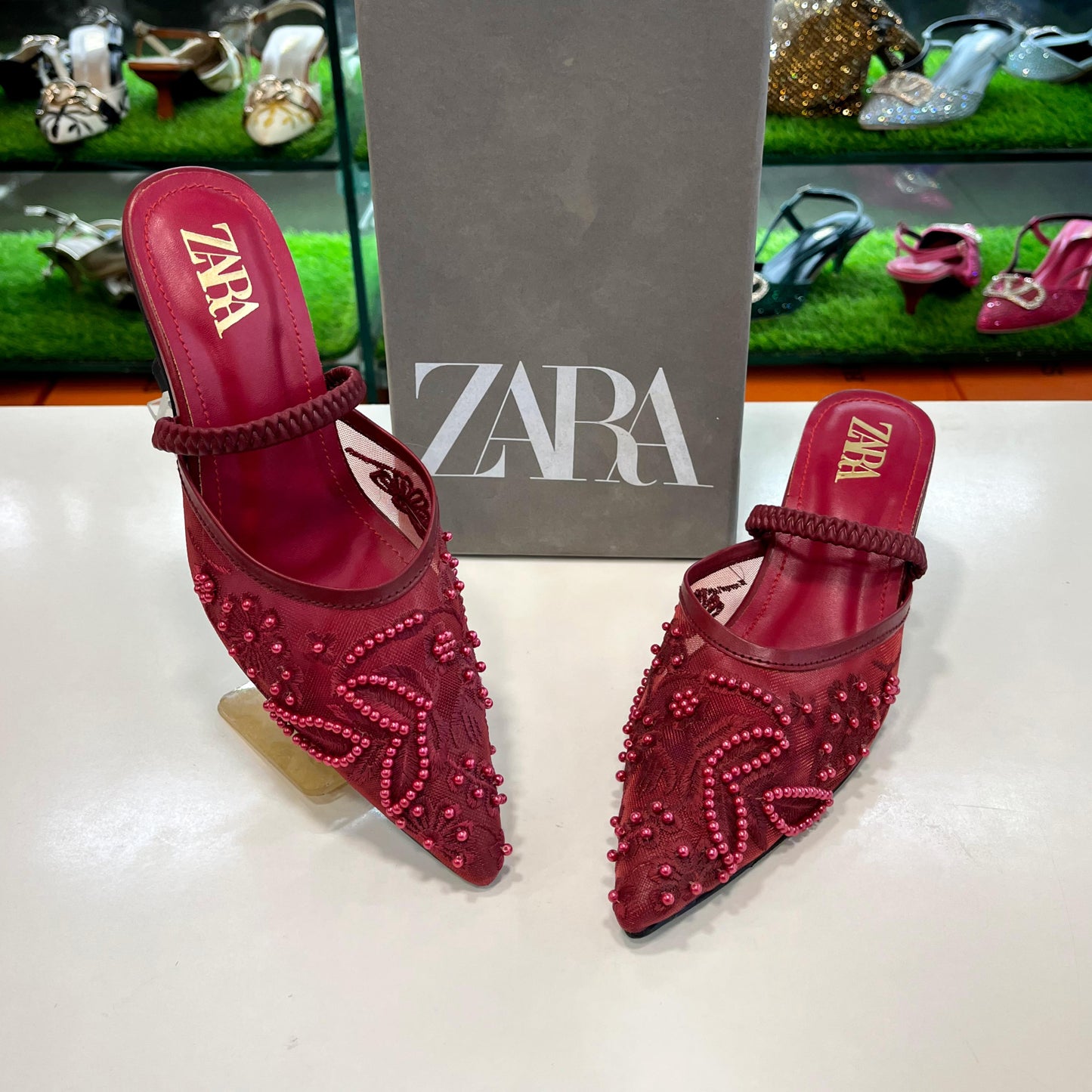 ZARA Embroidered Mesh Pointed Slingback Heels