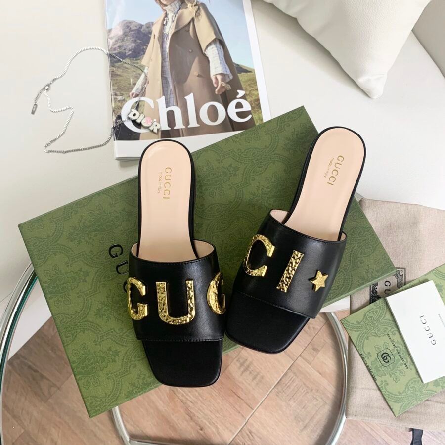 Gucci Inspired Metal-Letter Embellished Slide Sandals