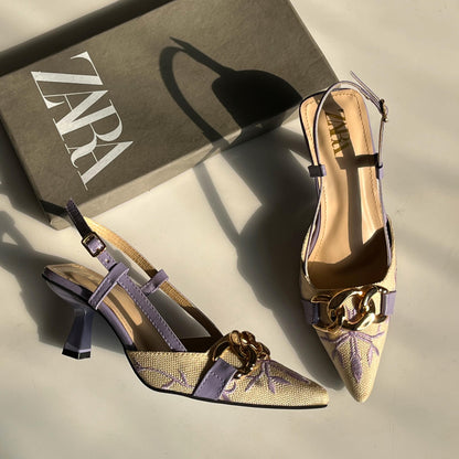 ZARA Floral Embroidered Chain Slingback Heels