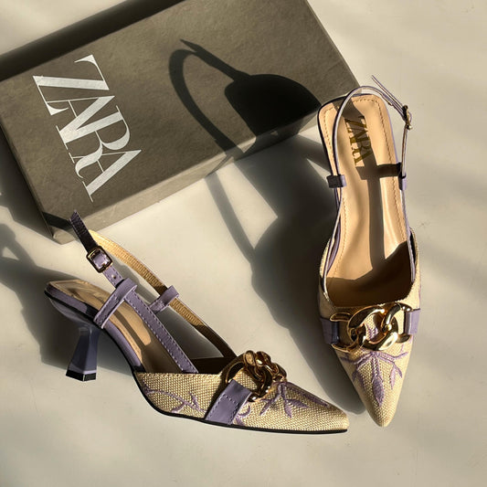 ZARA Floral Embroidered Chain Slingback Heels